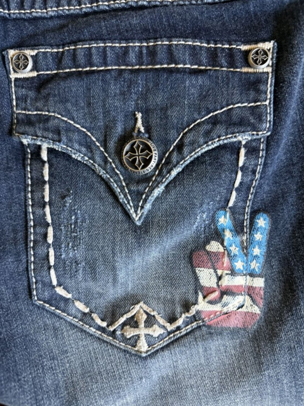 Affliction Bootcut Jeans Size 28 Dark Wash Embroidered Pocket Y2K Low Rise - Picture 6 of 8